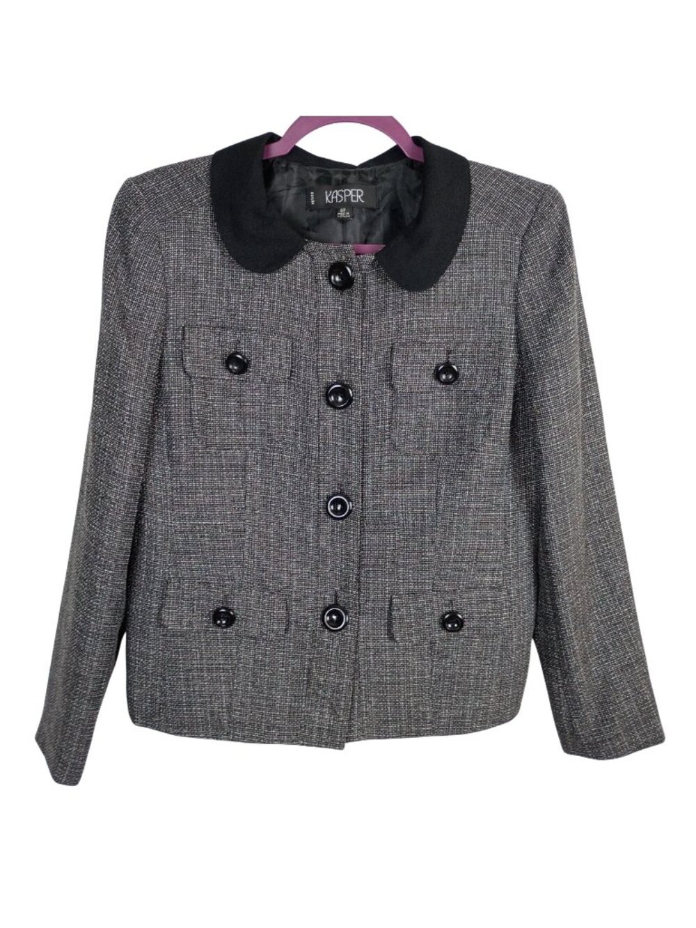 Kasper Blazer Womens 8P Petite Gray Textured Black Peter Pan Collar Button Front